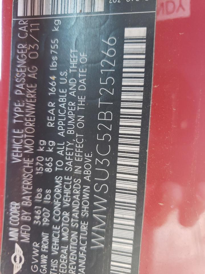Photo 10 from auction – 2011 MINI COOPER with VIN WMWSU3C52BT251266