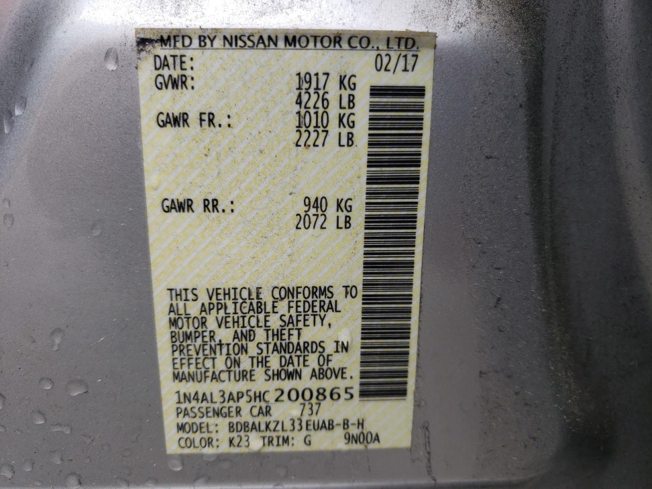 Photo 10 from auction – 2017 NISSAN ALTIMA 2.5 with VIN 1N4AL3AP5HC200865