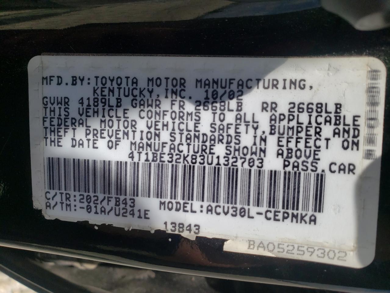 Photo 10 from auction – 2003 TOYOTA CAMRY LE with VIN 4T1BE32K83U132703