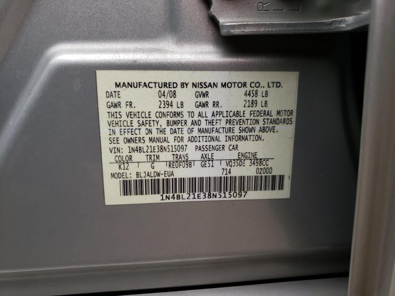 Photo 10 from auction – 2008 NISSAN ALTIMA 3.5 with VIN 1N4BL21E38N515097