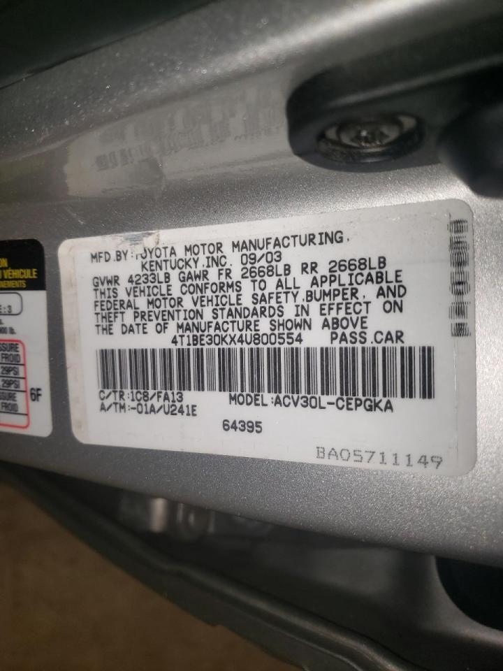 Photo 10 from auction – 2004 TOYOTA CAMRY LE with VIN 4T1BE30KX4U800554