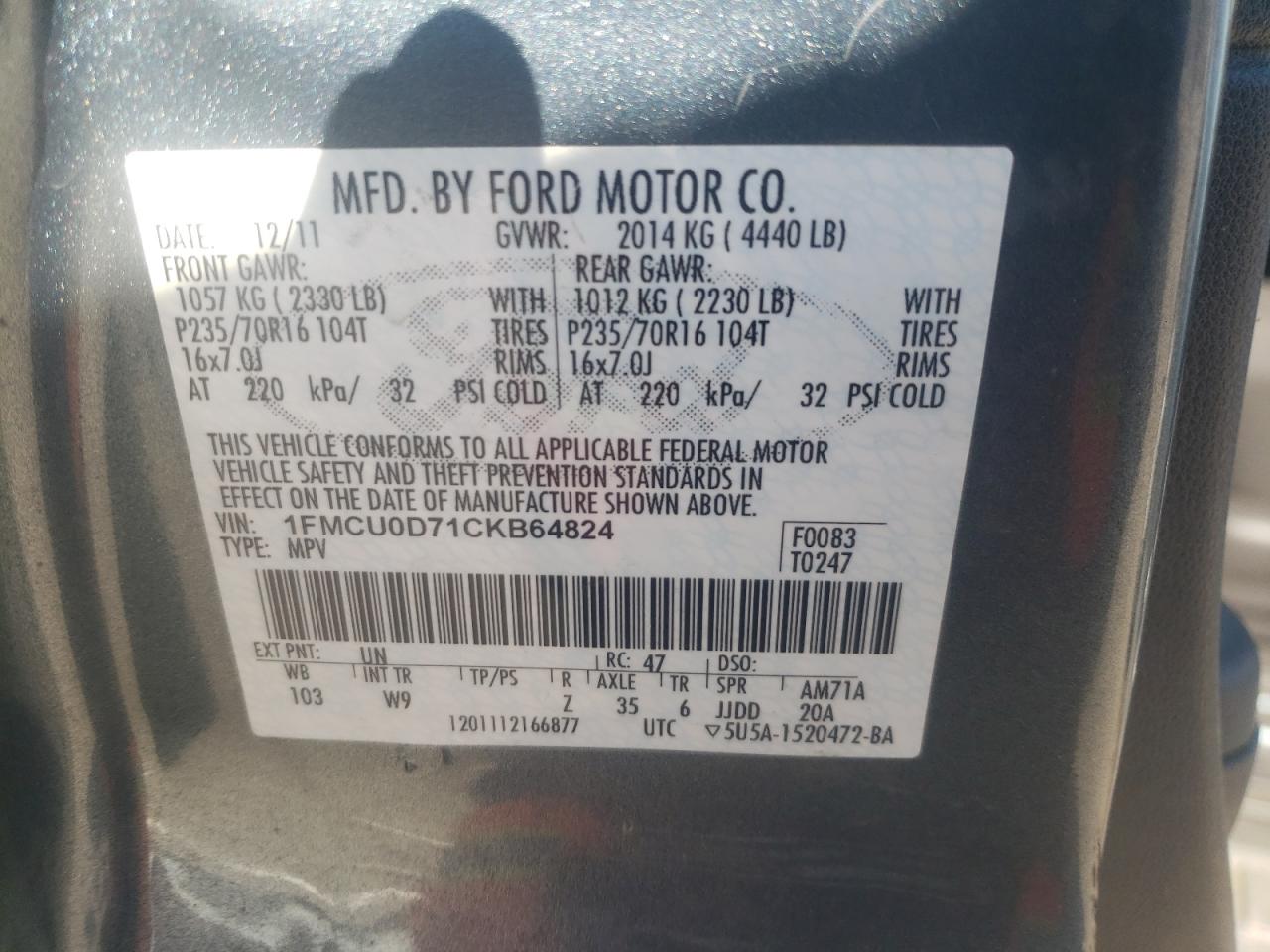 Photo 10 from auction – 2012 FORD ESCAPE XLT with VIN 1FMCU0D71CKB64824