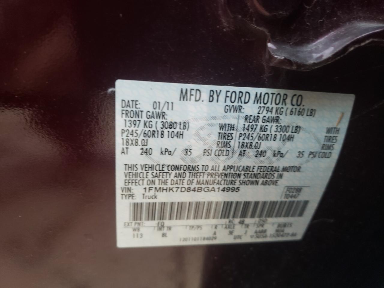 Photo 10 from auction – 2011 FORD EXPLORER X with VIN 1FMHK7D84BGA14995