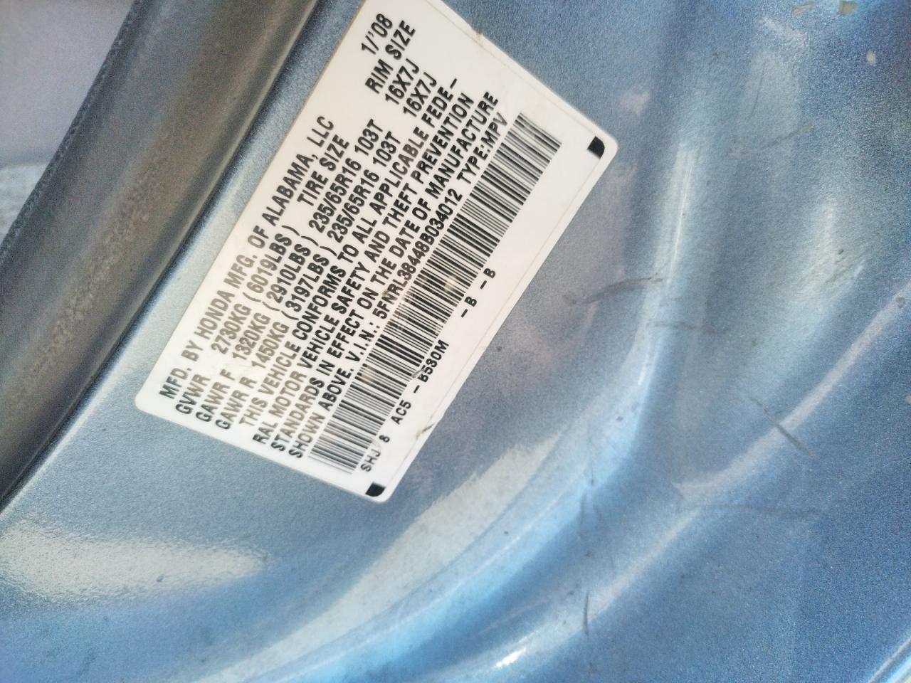 Photo 10 from auction – 2008 HONDA ODYSSEY EX with VIN 5FNRL38448B034012
