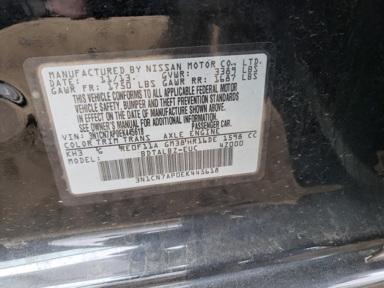 Photo 10 from auction – 2014 NISSAN VERSA S with VIN 3N1CN7AP0EK445618