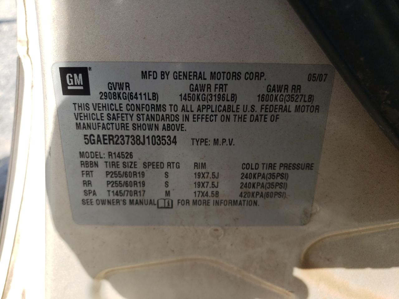 Photo 10 from auction – 2008 BUICK ENCLAVE CX with VIN 5GAER23738J103534