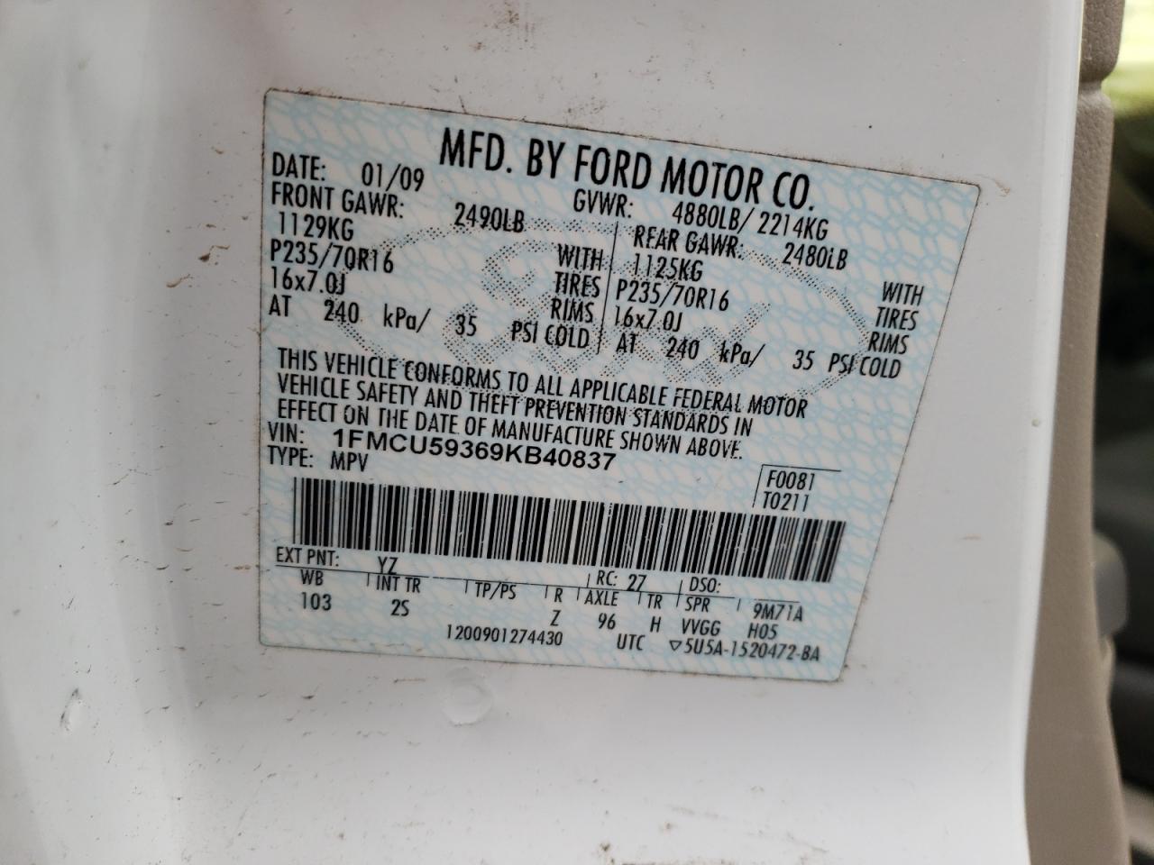 Photo 10 from auction – 2009 FORD ESCAPE HYB with VIN 1FMCU59369KB40837