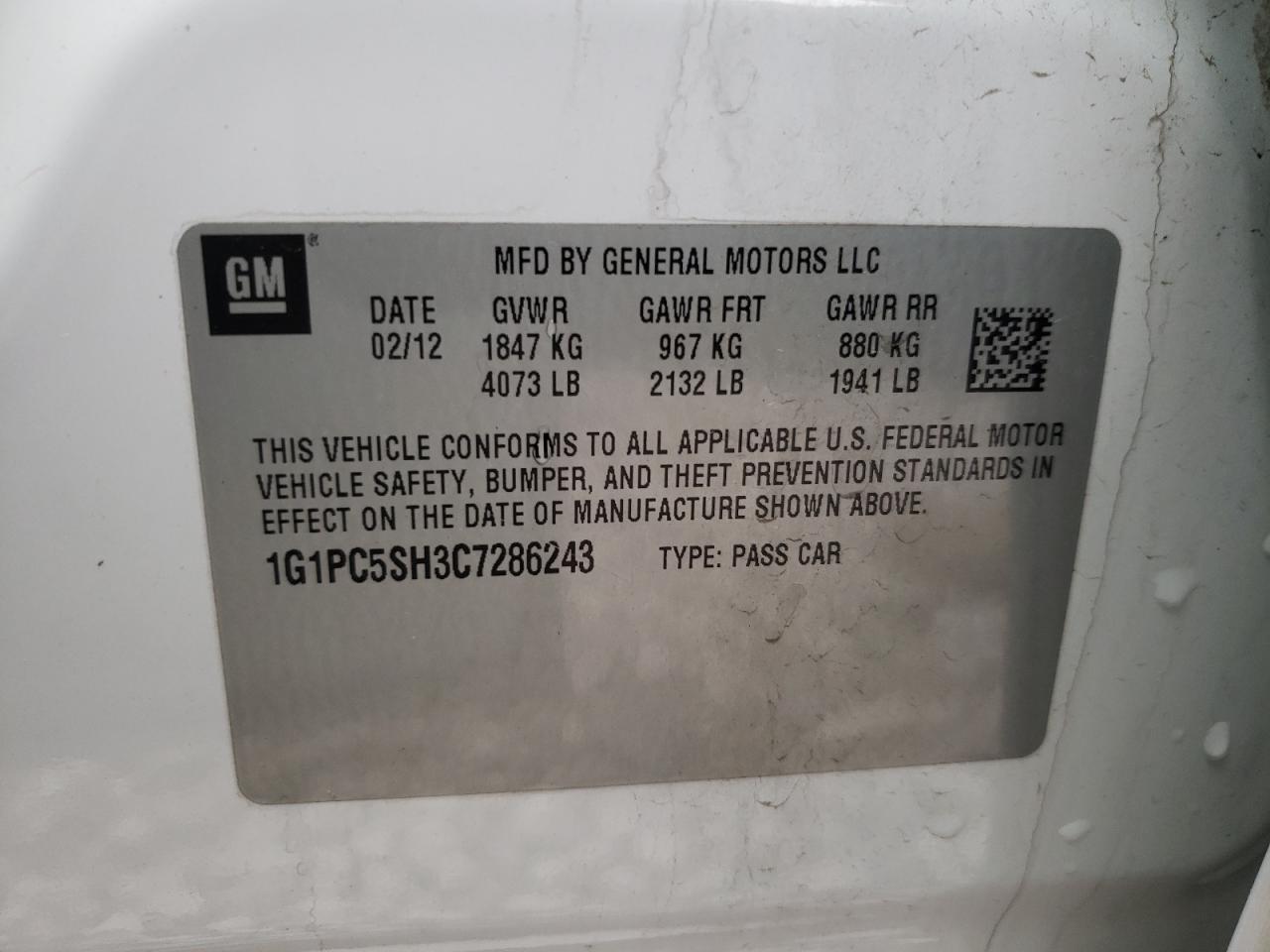 Photo 10 from auction – 2012 CHEVROLET CRUZE LS with VIN 1G1PC5SH3C7286243