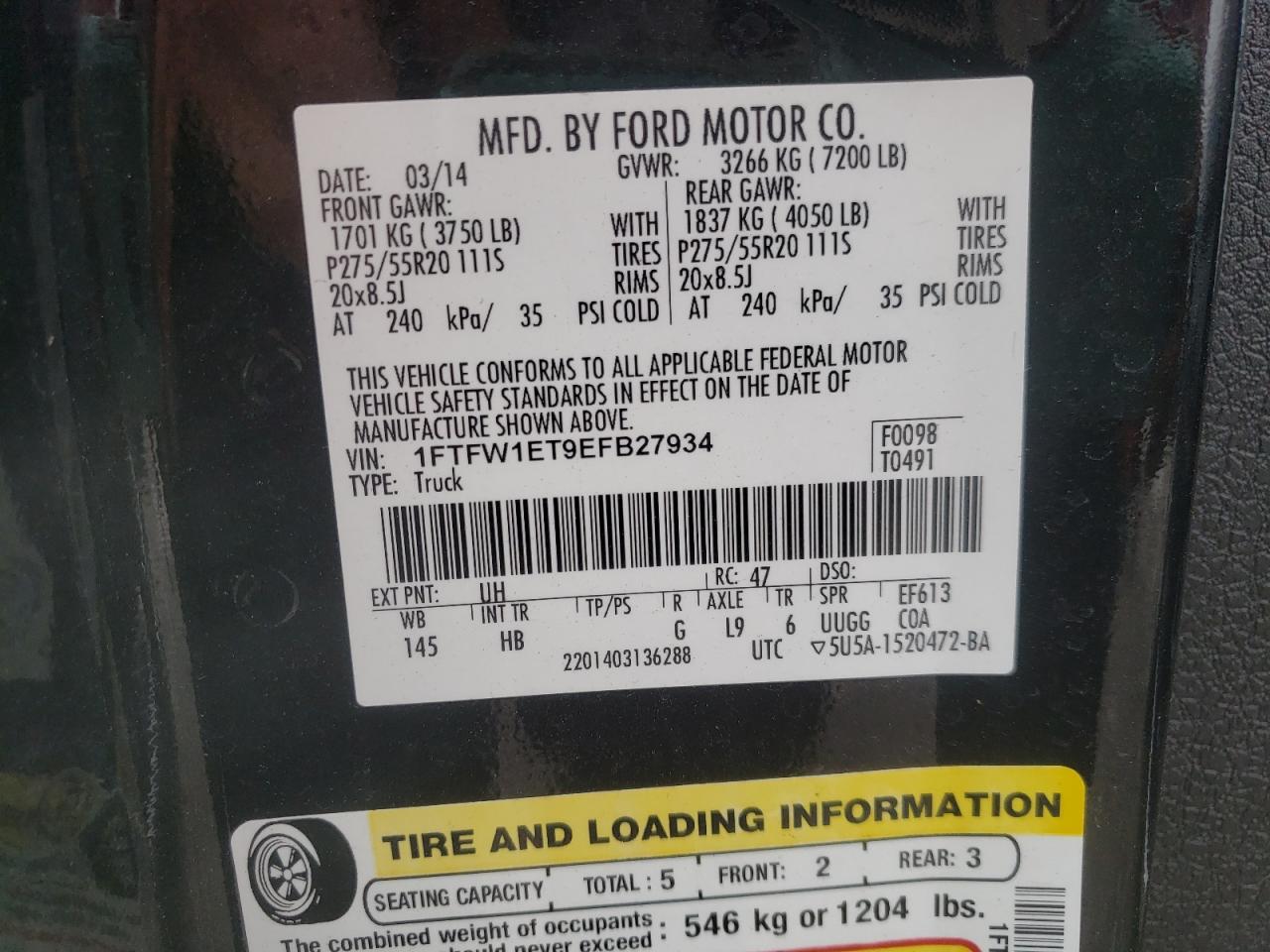 Photo 10 from auction – 2014 FORD F150 SUPER with VIN 1FTFW1ET9EFB27934