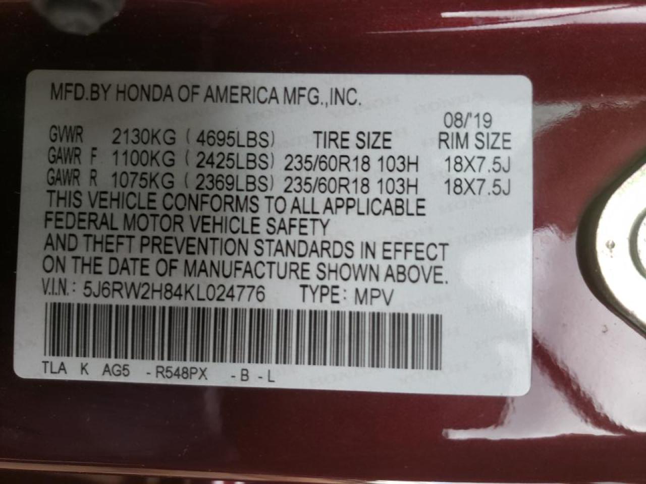 Photo 10 from auction – 2019 HONDA CR-V EXL with VIN 5J6RW2H84KL024776