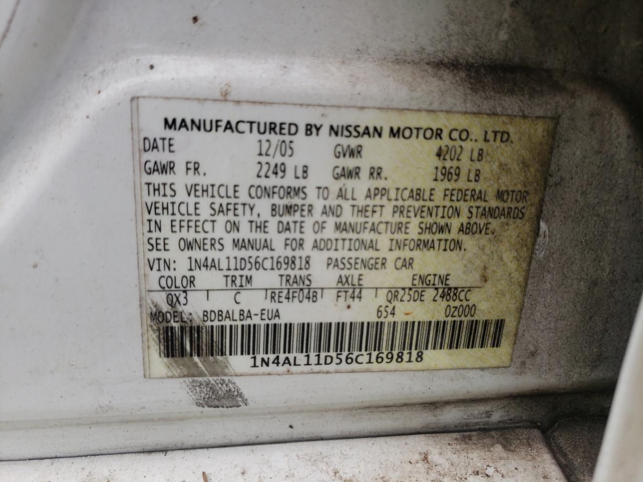 Photo 10 from auction – 2006 NISSAN ALTIMA S with VIN 1N4AL11D56C169818
