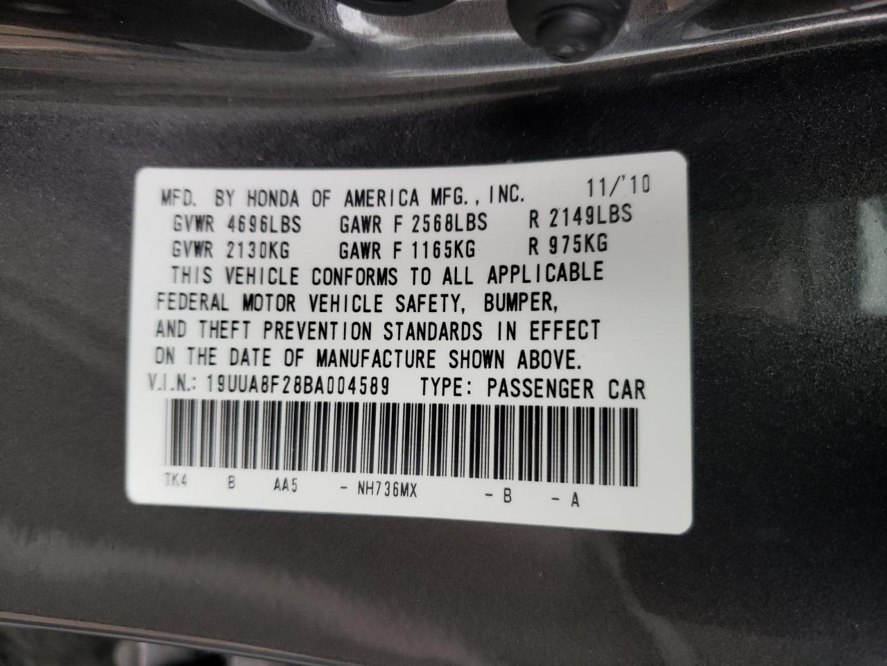 Photo 10 from auction – 2011 ACURA TL with VIN 19UUA8F28BA004589