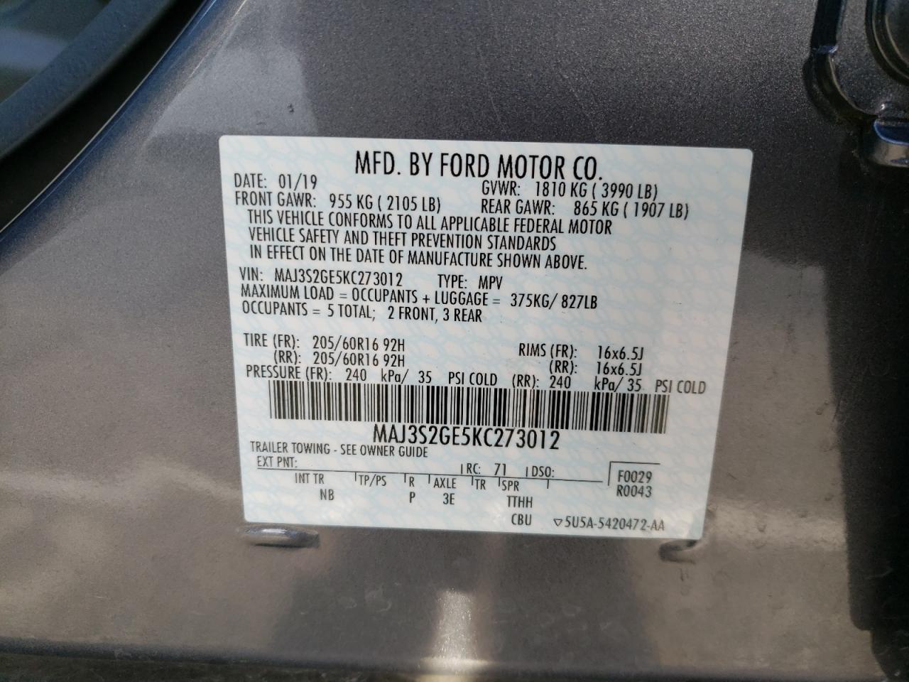 Photo 10 from auction – 2019 FORD ECOSPORT S with VIN MAJ3S2GE5KC273012