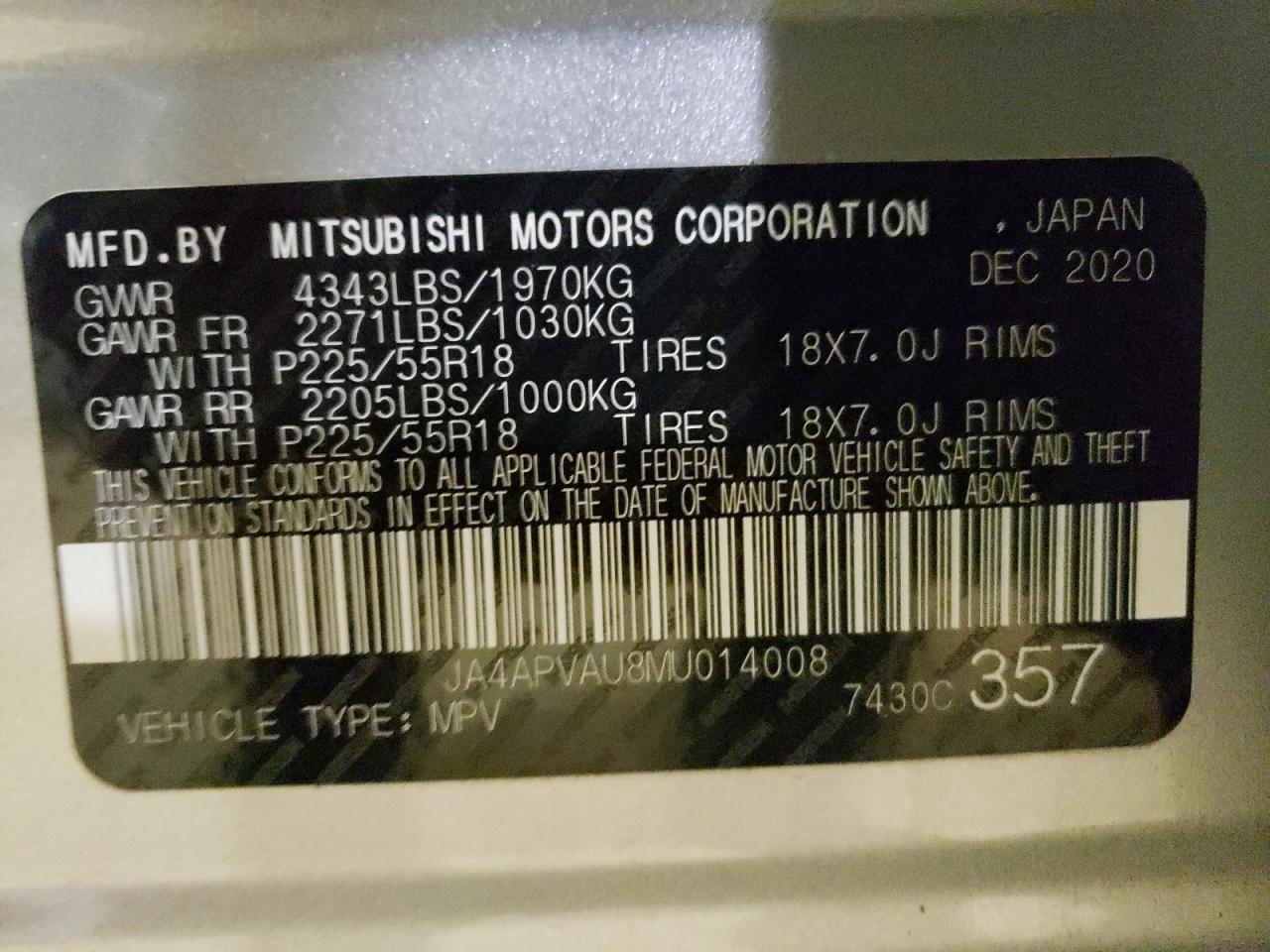 Photo 10 from auction – 2021 MITSUBISHI OUTLANDER with VIN JA4APVAU8MU014008