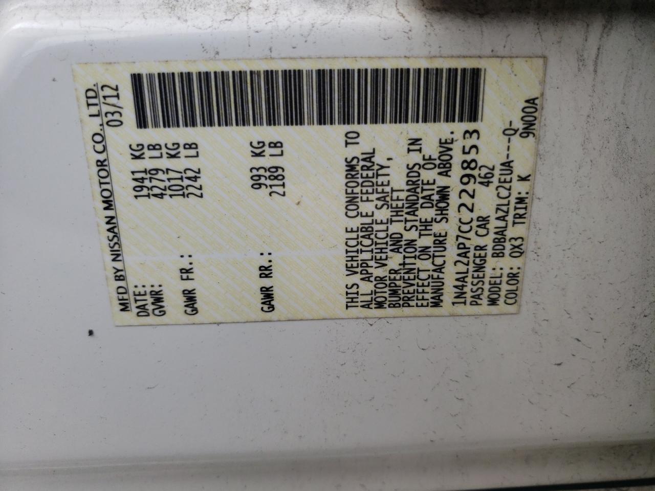 Photo 10 from auction – 2012 NISSAN ALTIMA with VIN 1N4AL2AP7CC229853