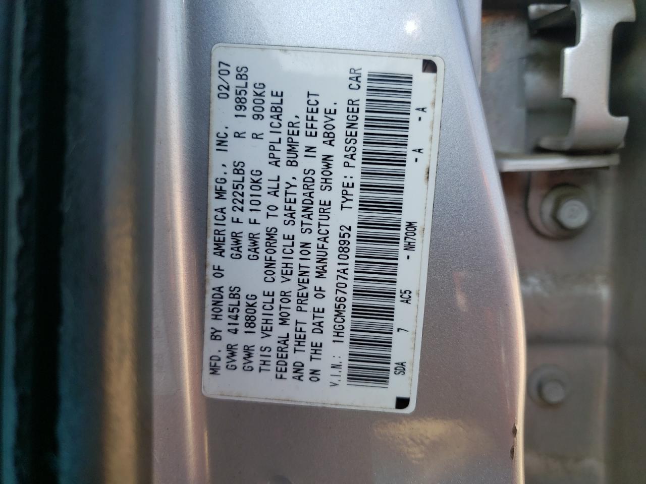 Photo 10 from auction – 2007 HONDA ACCORD EX with VIN 1HGCM56707A108952