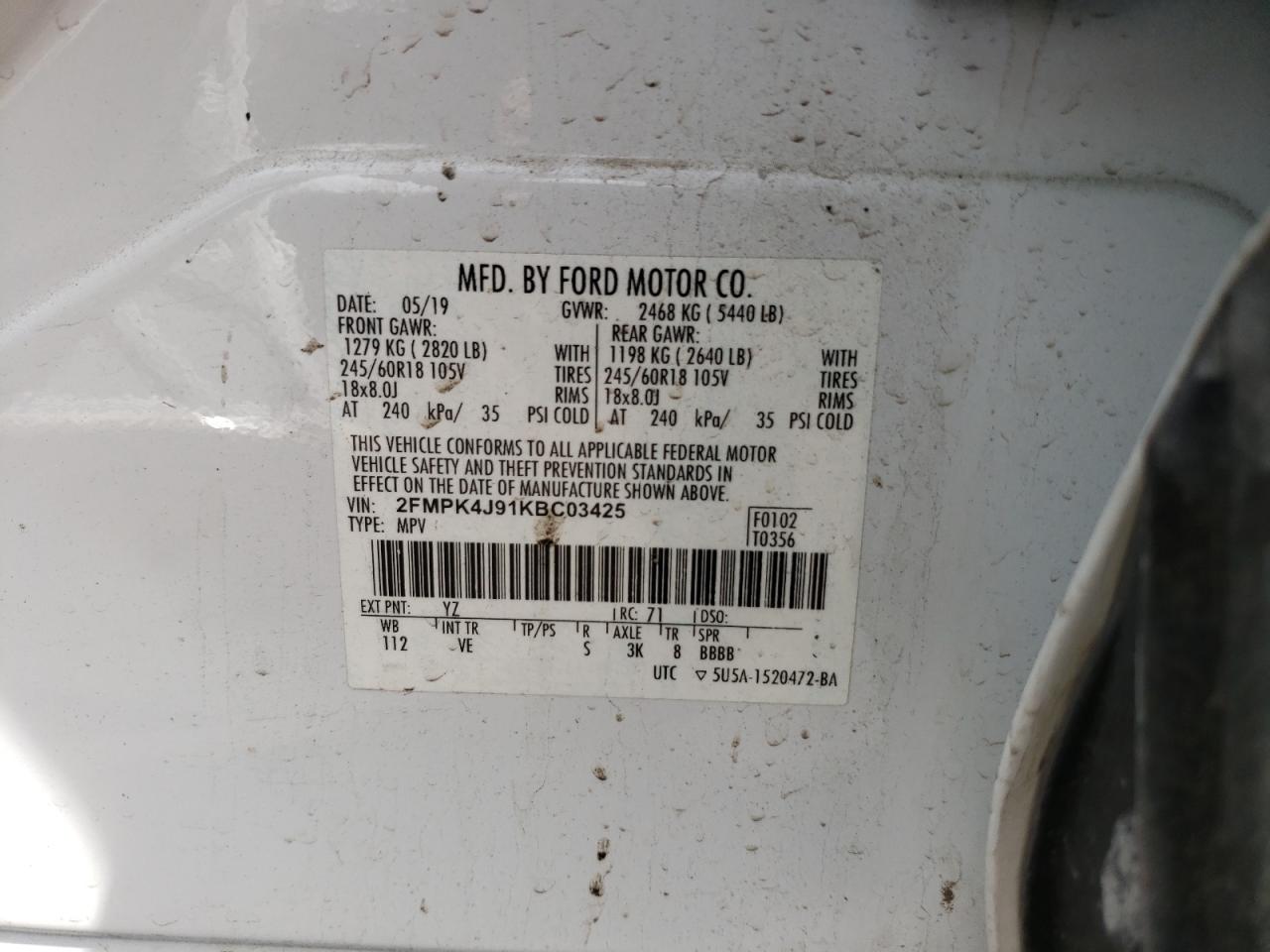 Photo 10 from auction – 2019 FORD EDGE SEL with VIN 2FMPK4J91KBC03425