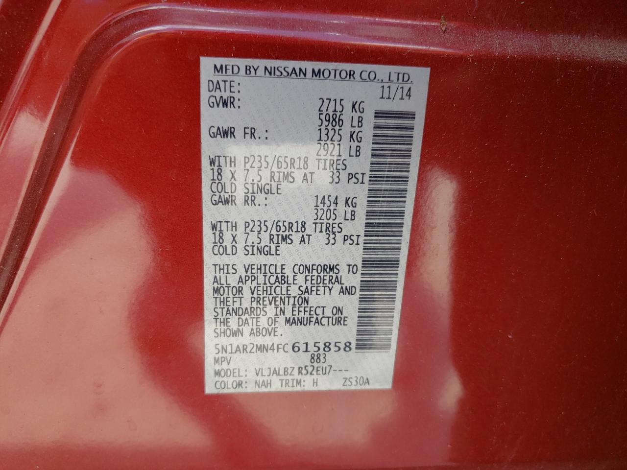 Photo 10 from auction – 2015 NISSAN PATHFINDER with VIN 5N1AR2MN4FC615858