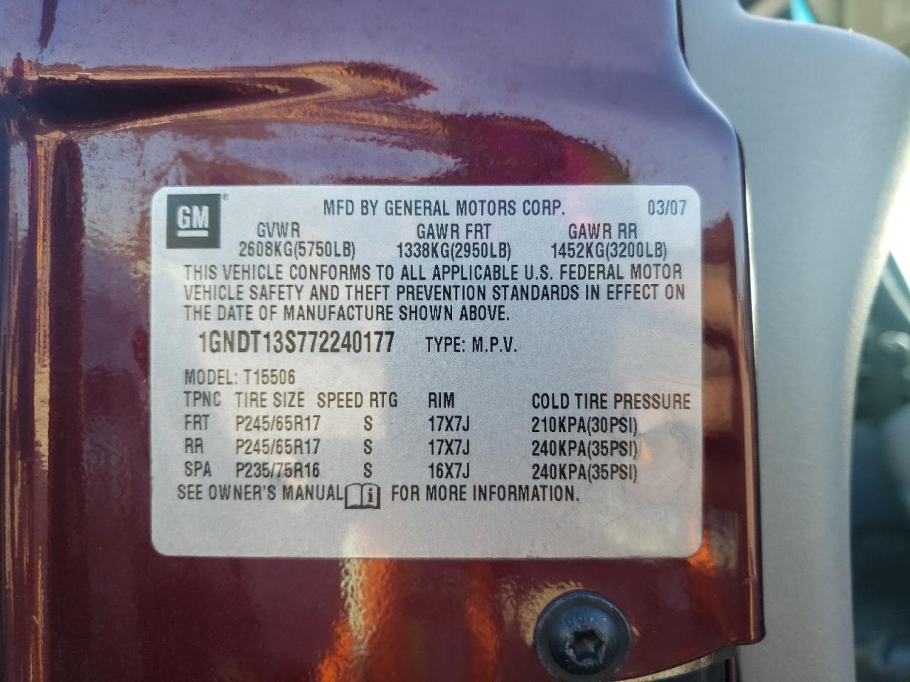 Photo 10 from auction – 2007 CHEVROLET TRAILBLAZE with VIN 1GNDT13S772240177