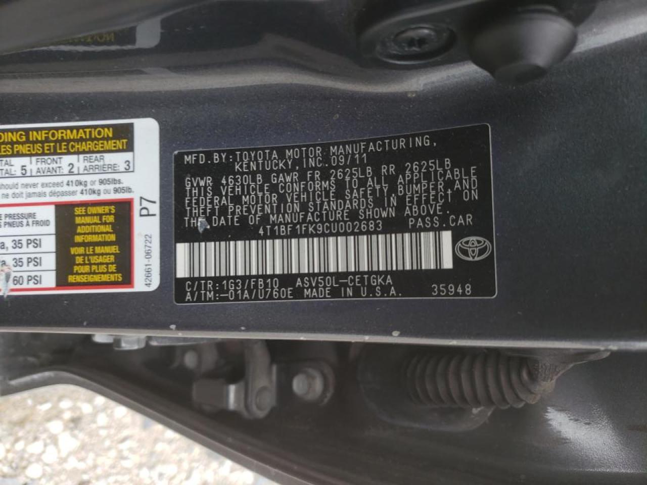 Photo 10 from auction – 2012 TOYOTA CAMRY BASE with VIN 4T1BF1FK9CU002683