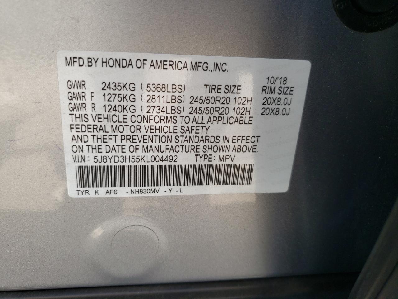 Photo 10 from auction – 2019 ACURA MDX TECHNO with VIN 5J8YD3H55KL004492