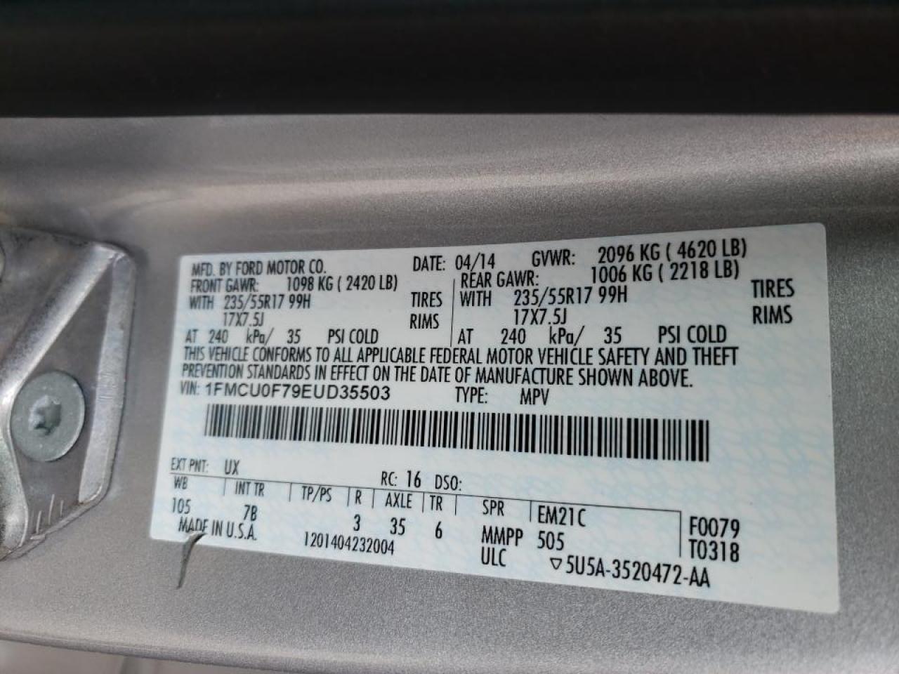 Photo 10 from auction – 2014 FORD ESCAPE S with VIN 1FMCU0F79EUD35503
