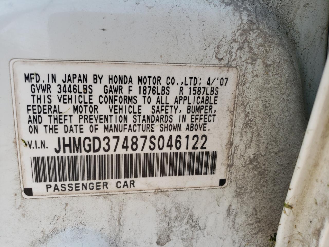 Photo 10 from auction – 2007 HONDA FIT with VIN JHMGD37487S046122