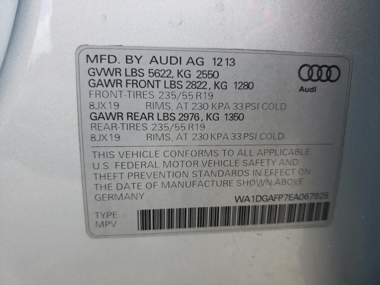 Photo 10 from auction – 2014 AUDI Q5 PREMIUM with VIN WA1DGAFP7EA067925
