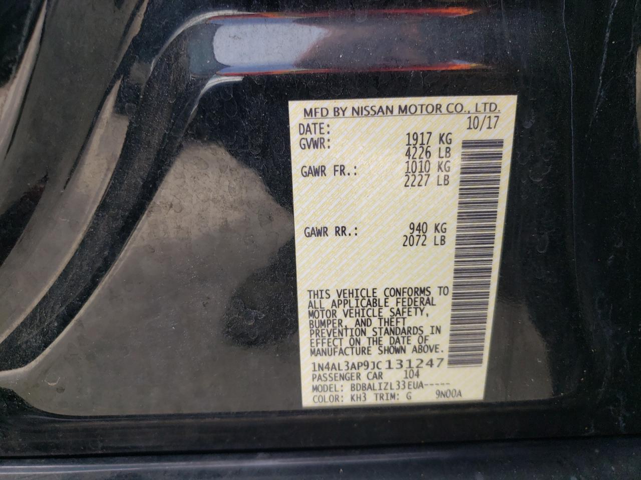 Photo 10 from auction – 2018 NISSAN ALTIMA 2.5 with VIN 1N4AL3AP9JC131247
