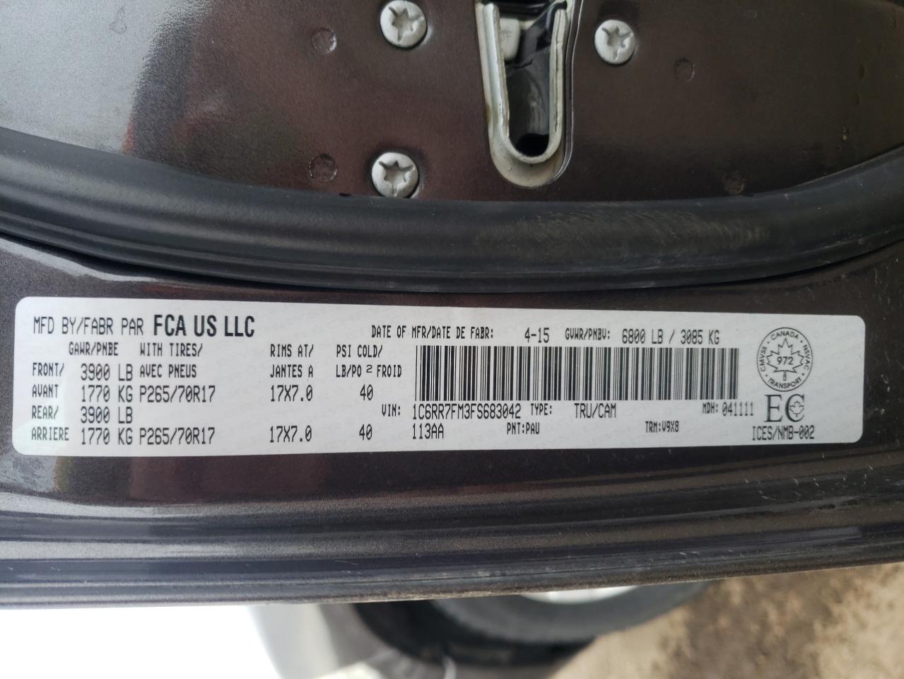 Photo 10 from auction – 2015 RAM 1500 ST with VIN 1C6RR7FM3FS683042