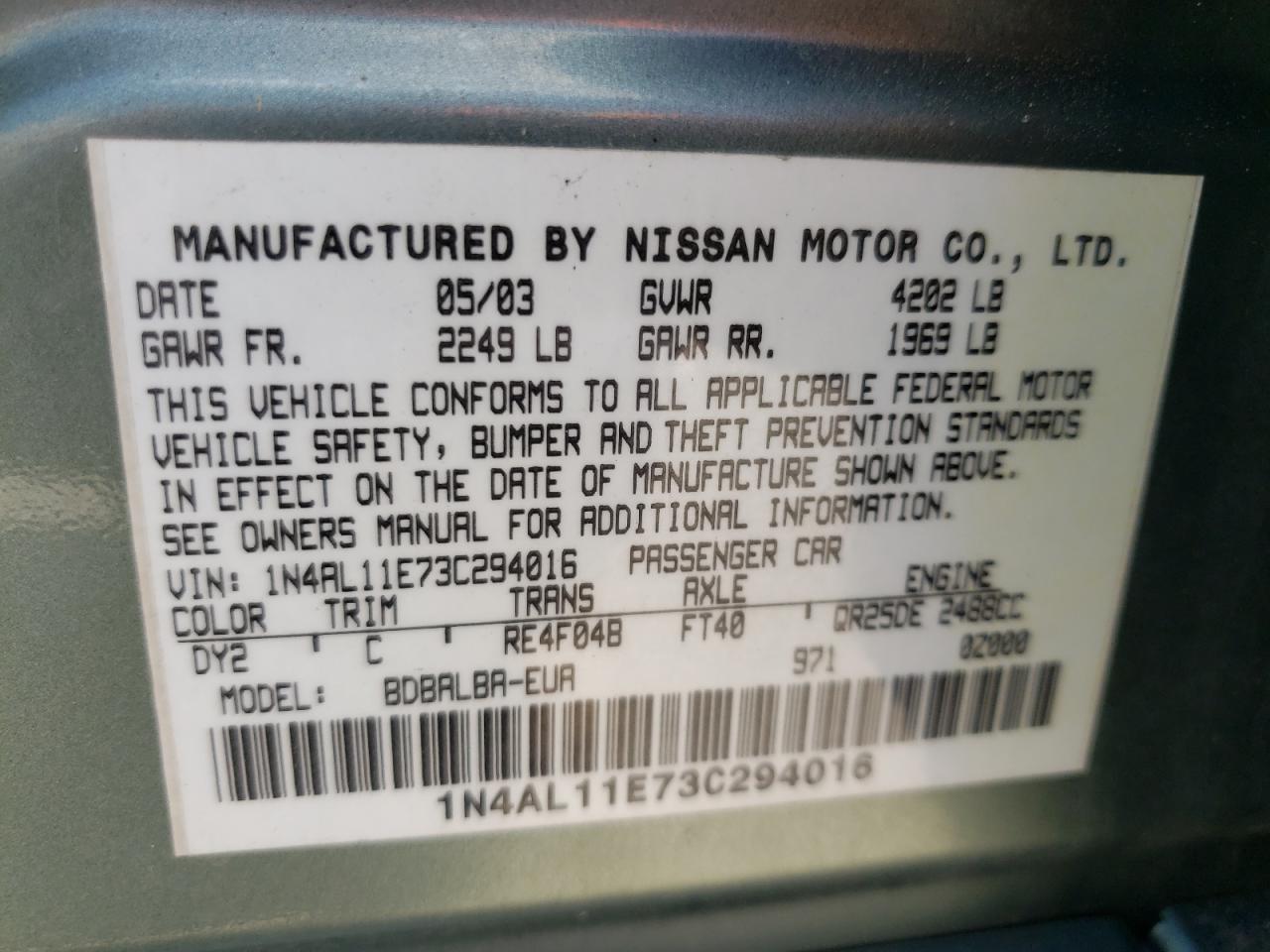 Photo 10 from auction – 2003 NISSAN ALTIMA BAS with VIN 1N4AL11E73C294016