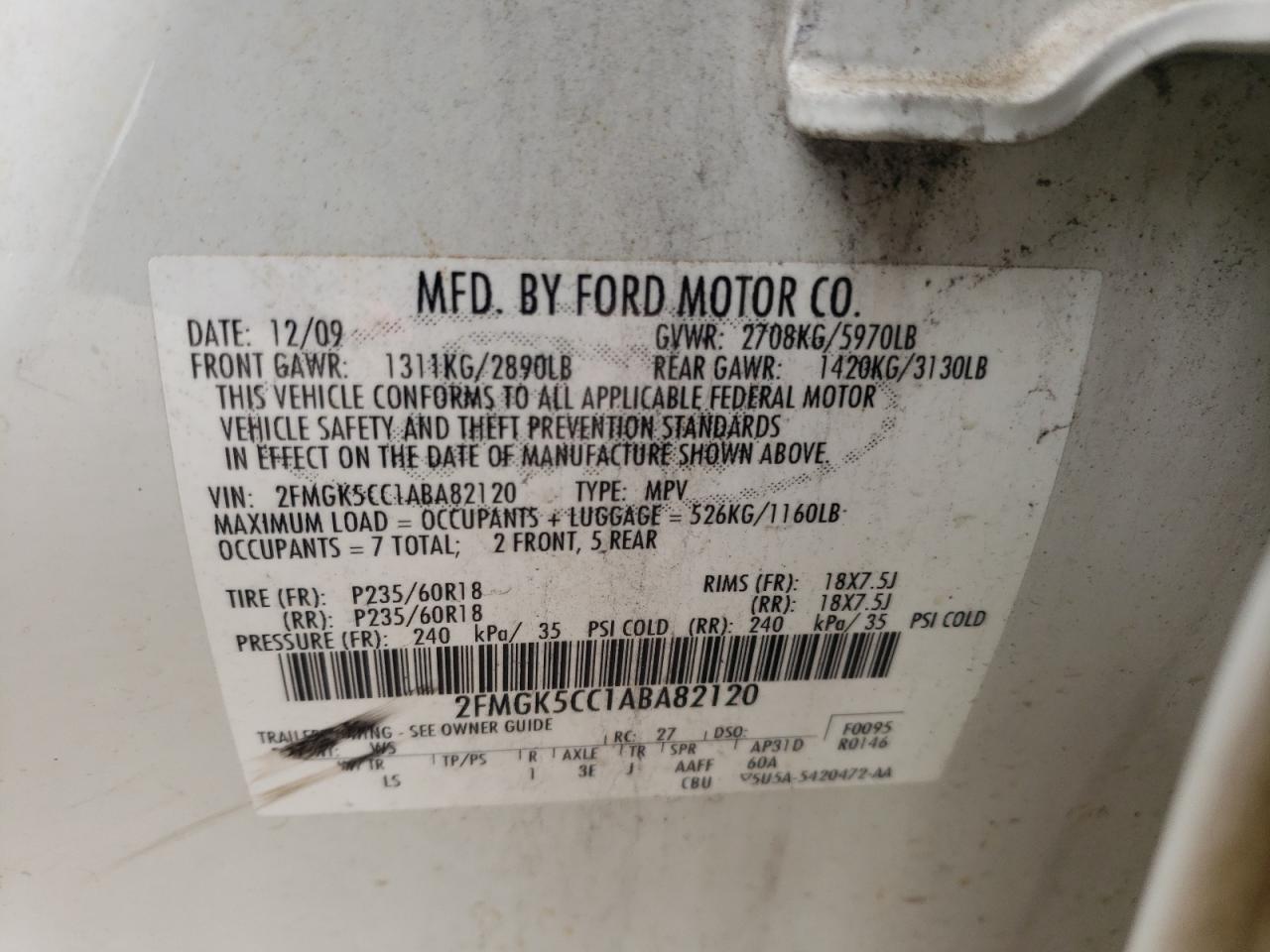 Photo 10 from auction – 2010 FORD FLEX SEL with VIN 2FMGK5CC1ABA82120