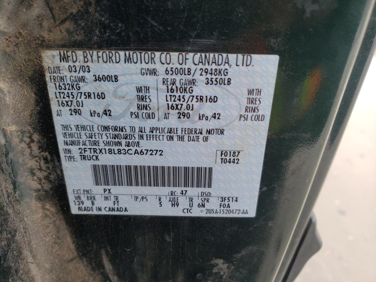 Photo 10 from auction – 2003 FORD F150 with VIN 2FTRX18L83CA67272