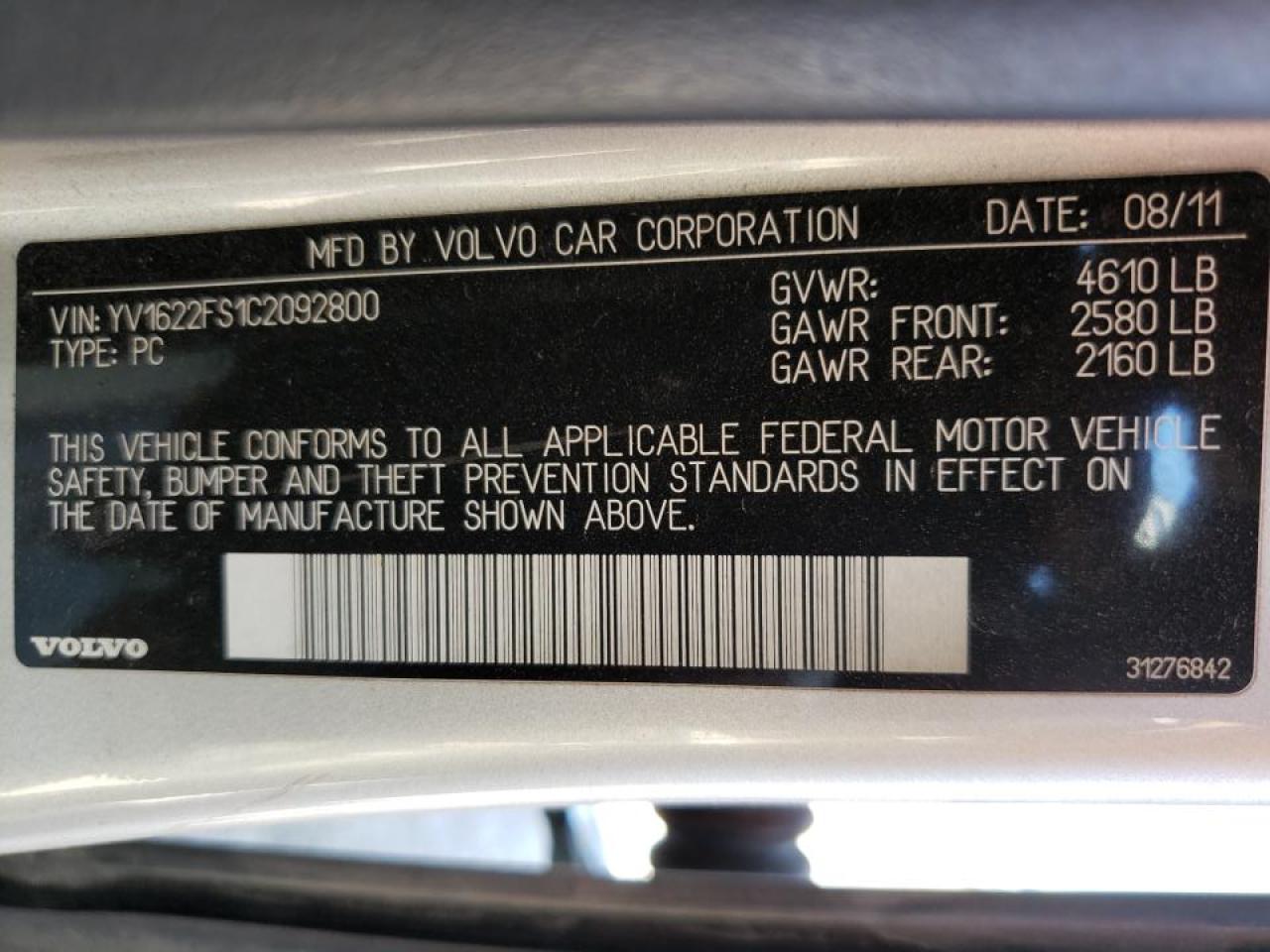 Photo 10 from auction – 2012 VOLVO S60 T5 with VIN YV1622FS1C2092800