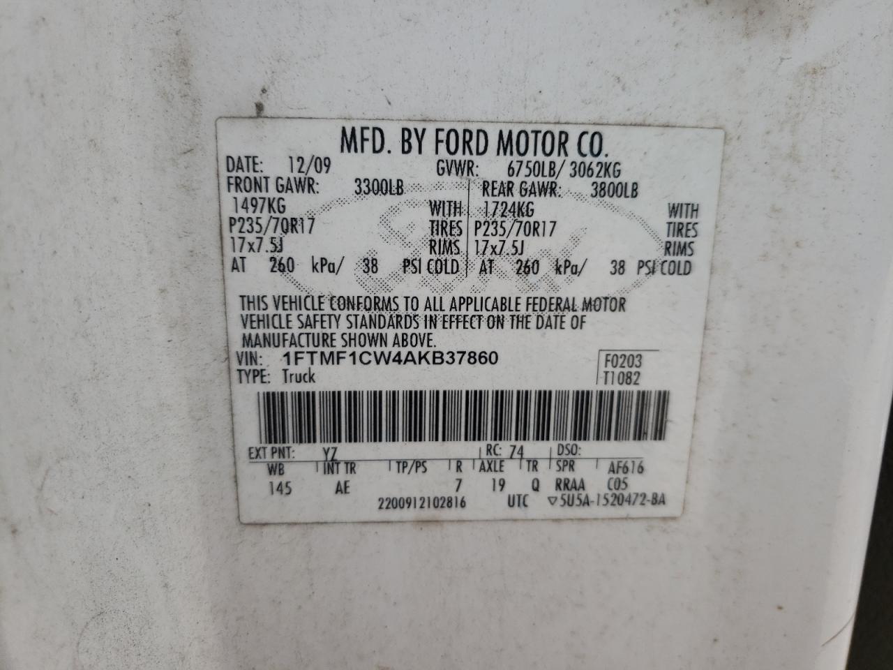 Photo 10 from auction – 2010 FORD F150 with VIN 1FTMF1CW4AKB37860
