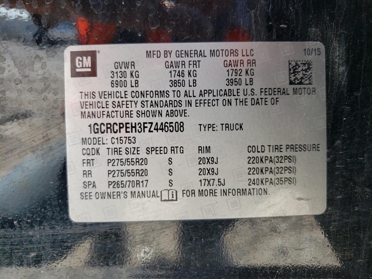 Photo 10 from auction – 2015 CHEVROLET SILVERADO with VIN 1GCRCPEH3FZ446508