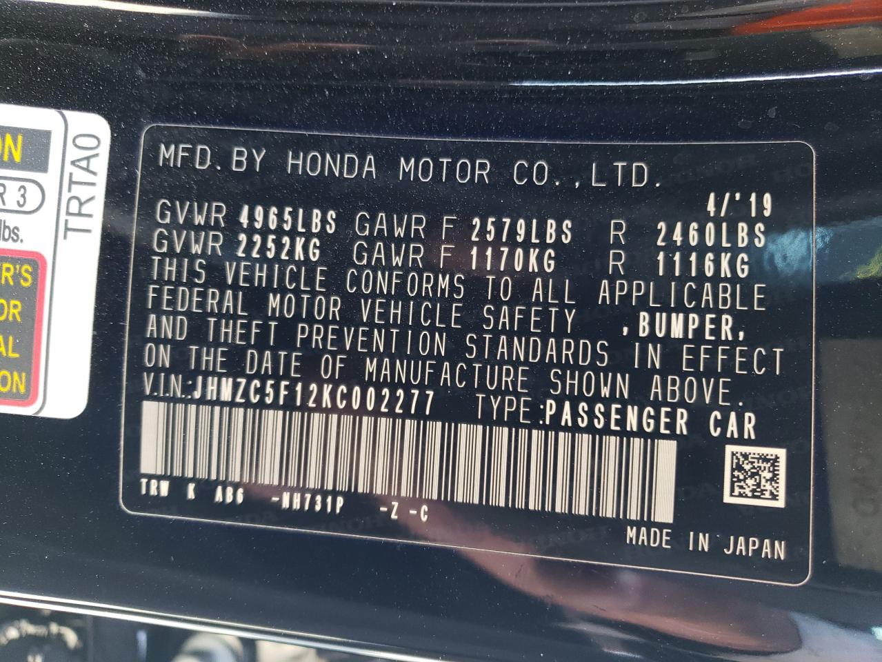 Photo 10 from auction – 2019 HONDA CLARITY with VIN JHMZC5F12KC002277