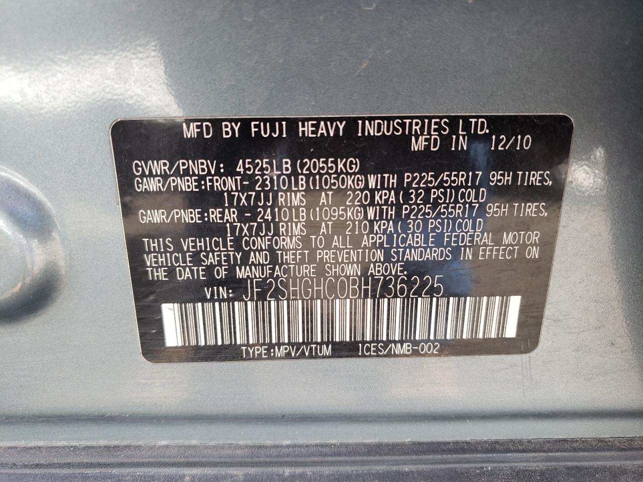 Photo 10 from auction – 2011 SUBARU FORESTER T with VIN JF2SHGHC0BH736225
