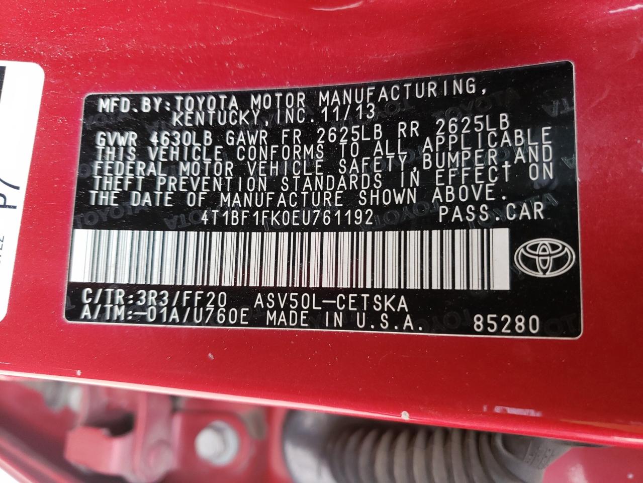 Photo 10 from auction – 2014 TOYOTA CAMRY L with VIN 4T1BF1FK0EU761192