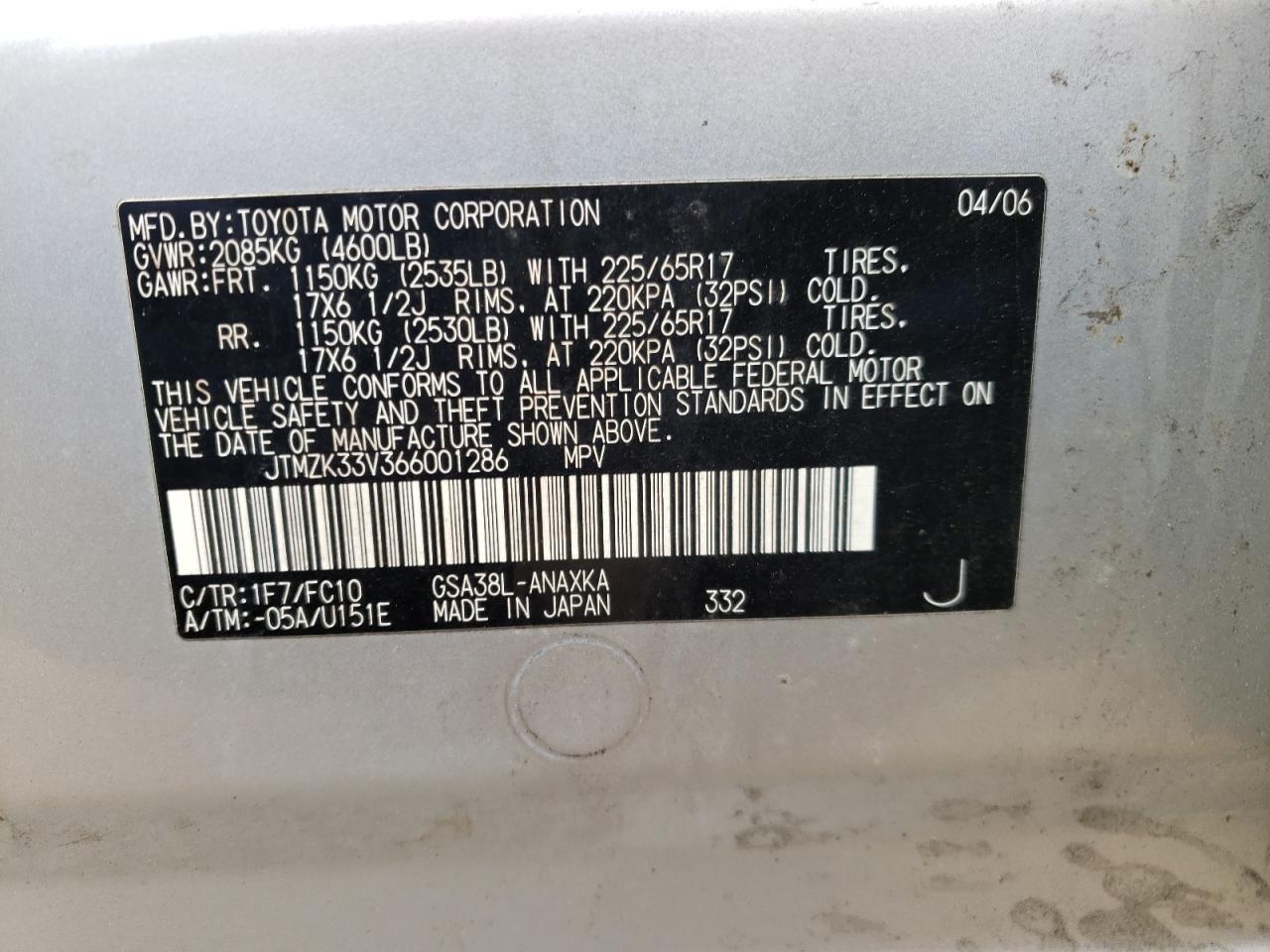 Photo 10 from auction – 2006 TOYOTA RAV 4 with VIN JTMZK33V366001286