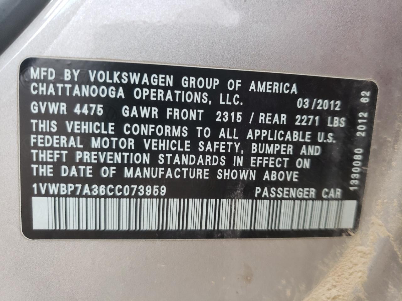 Photo 10 from auction – 2012 VOLKSWAGEN PASSAT SE with VIN 1VWBP7A36CC073959