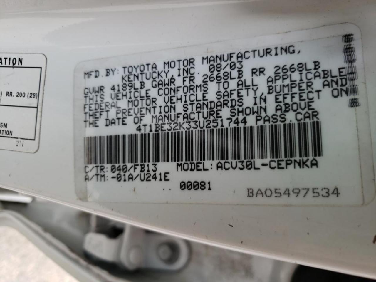 Photo 10 from auction – 2003 TOYOTA CAMRY LE with VIN 4T1BE32K33U251744