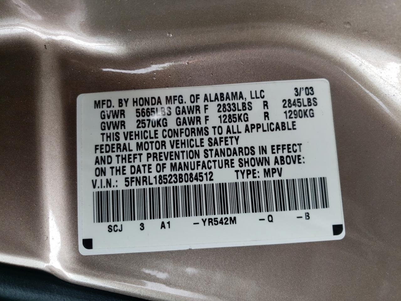 Photo 10 from auction – 2003 HONDA ODYSSEY LX with VIN 5FNRL18523B084512