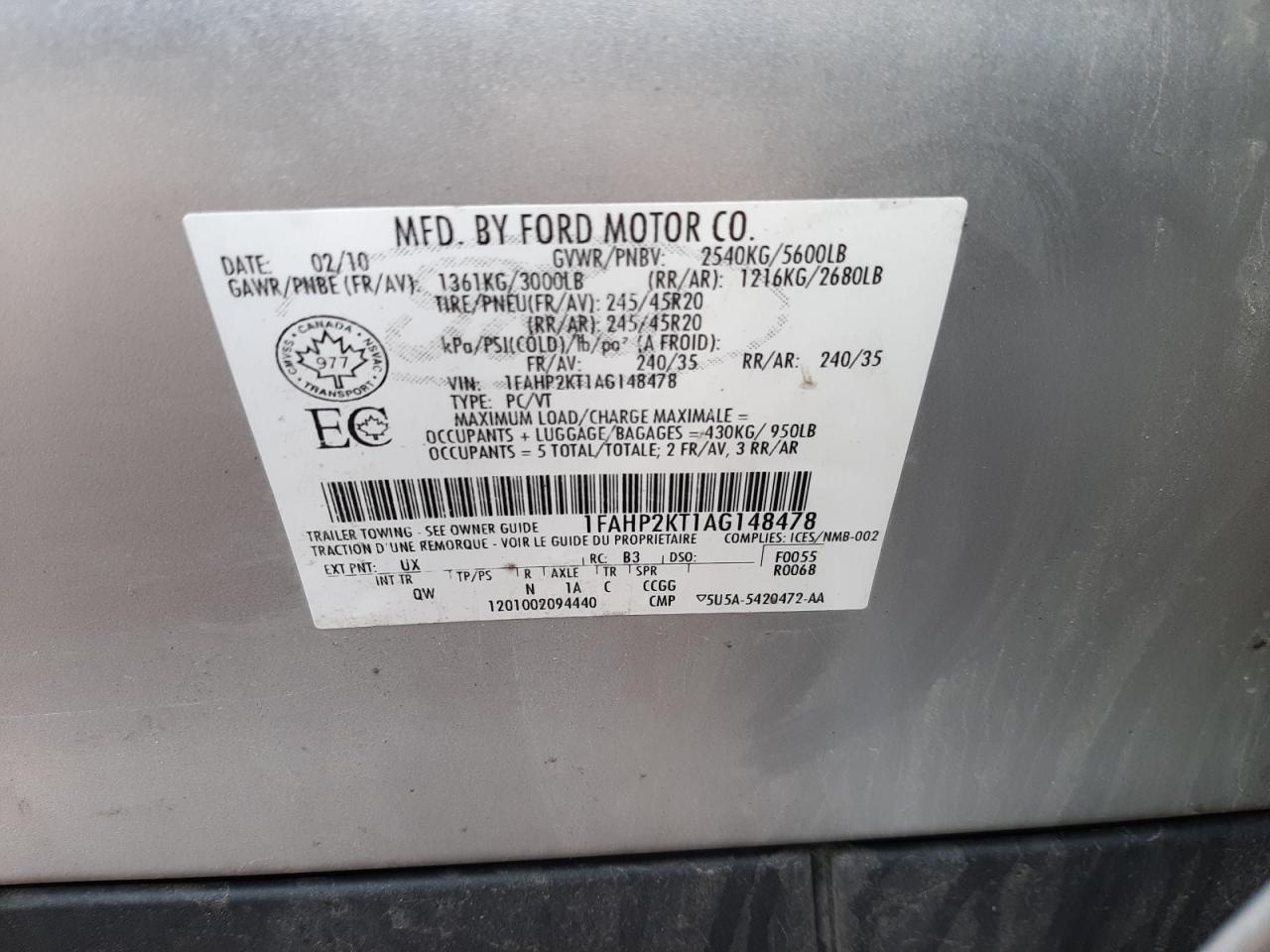 Photo 10 from auction – 2010 FORD TAURUS SHO with VIN 1FAHP2KT1AG148478