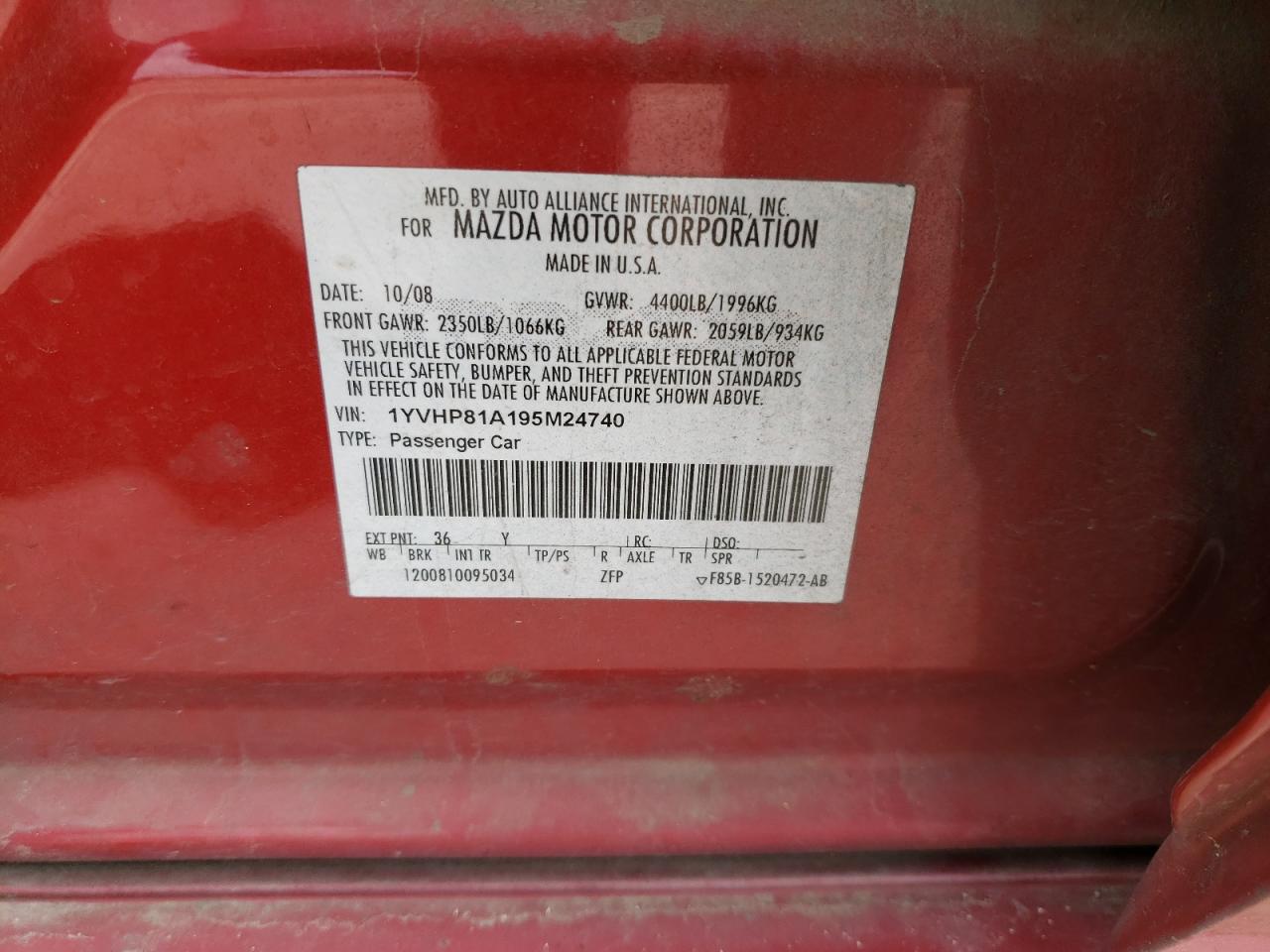Photo 10 from auction – 2009 MAZDA 6 I with VIN 1YVHP81A195M24740