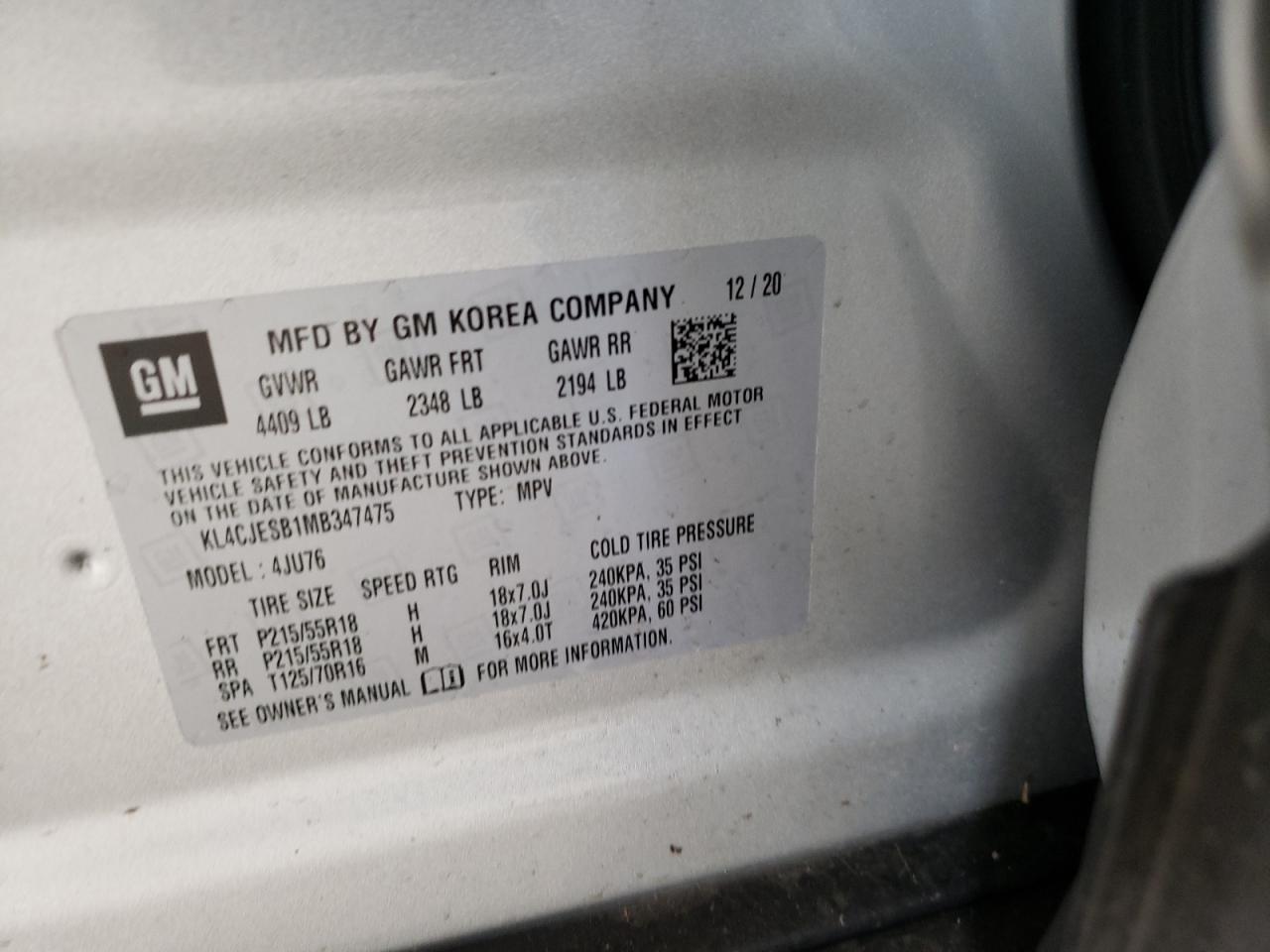 Photo 10 from auction – 2021 BUICK ENCORE PRE with VIN KL4CJESB1MB347475