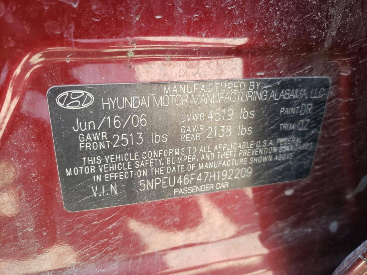 Photo 10 from auction – 2007 HYUNDAI SONATA SE with VIN 5NPEU46F47H192209