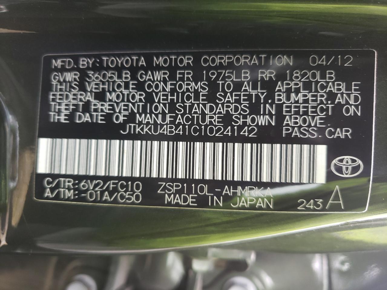 Photo 10 from auction – 2012 TOYOTA SCION XD with VIN JTKKU4B41C1024142
