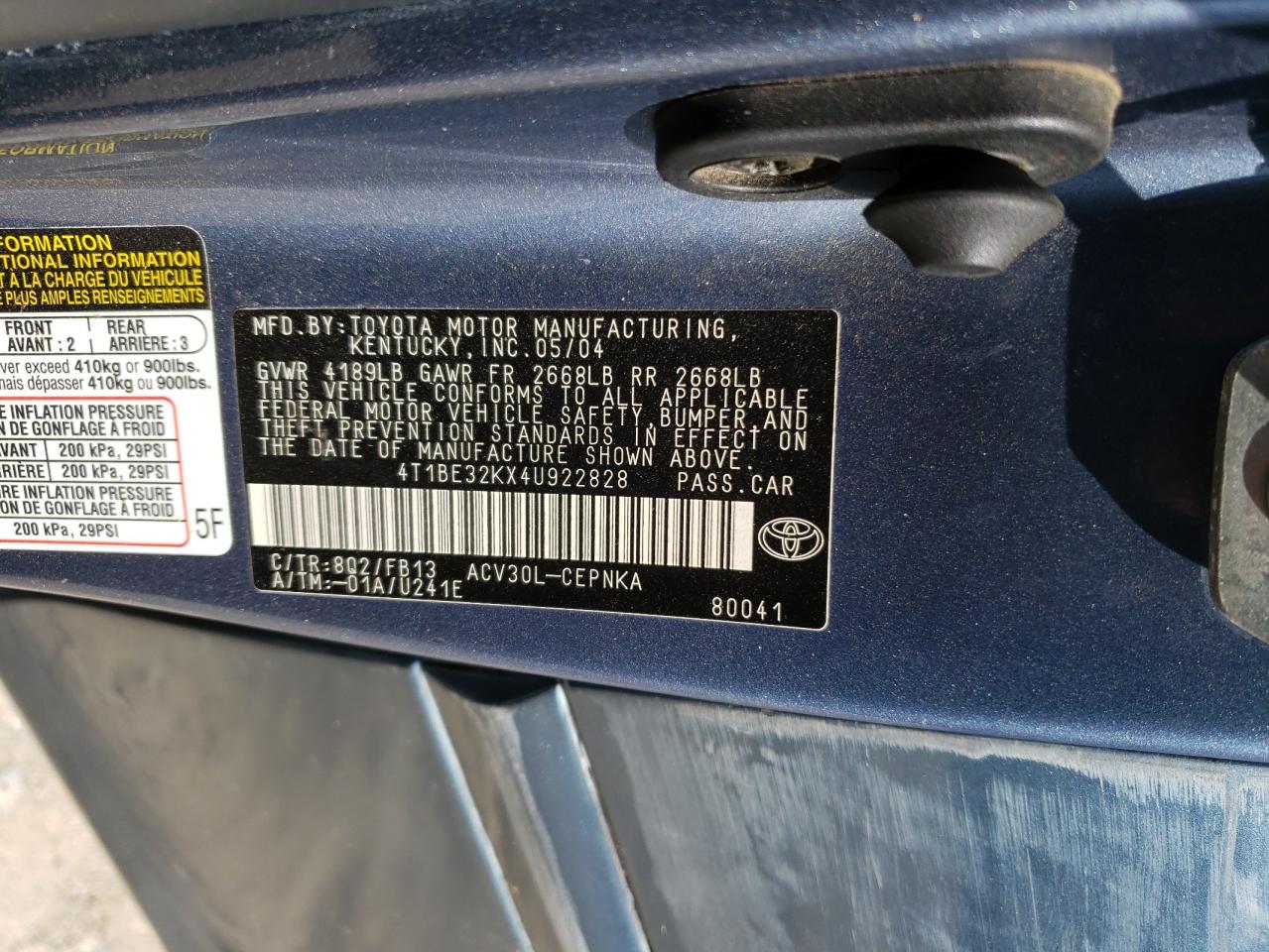 Photo 10 from auction – 2004 TOYOTA CAMRY with VIN 4T1BE32KX4U922828