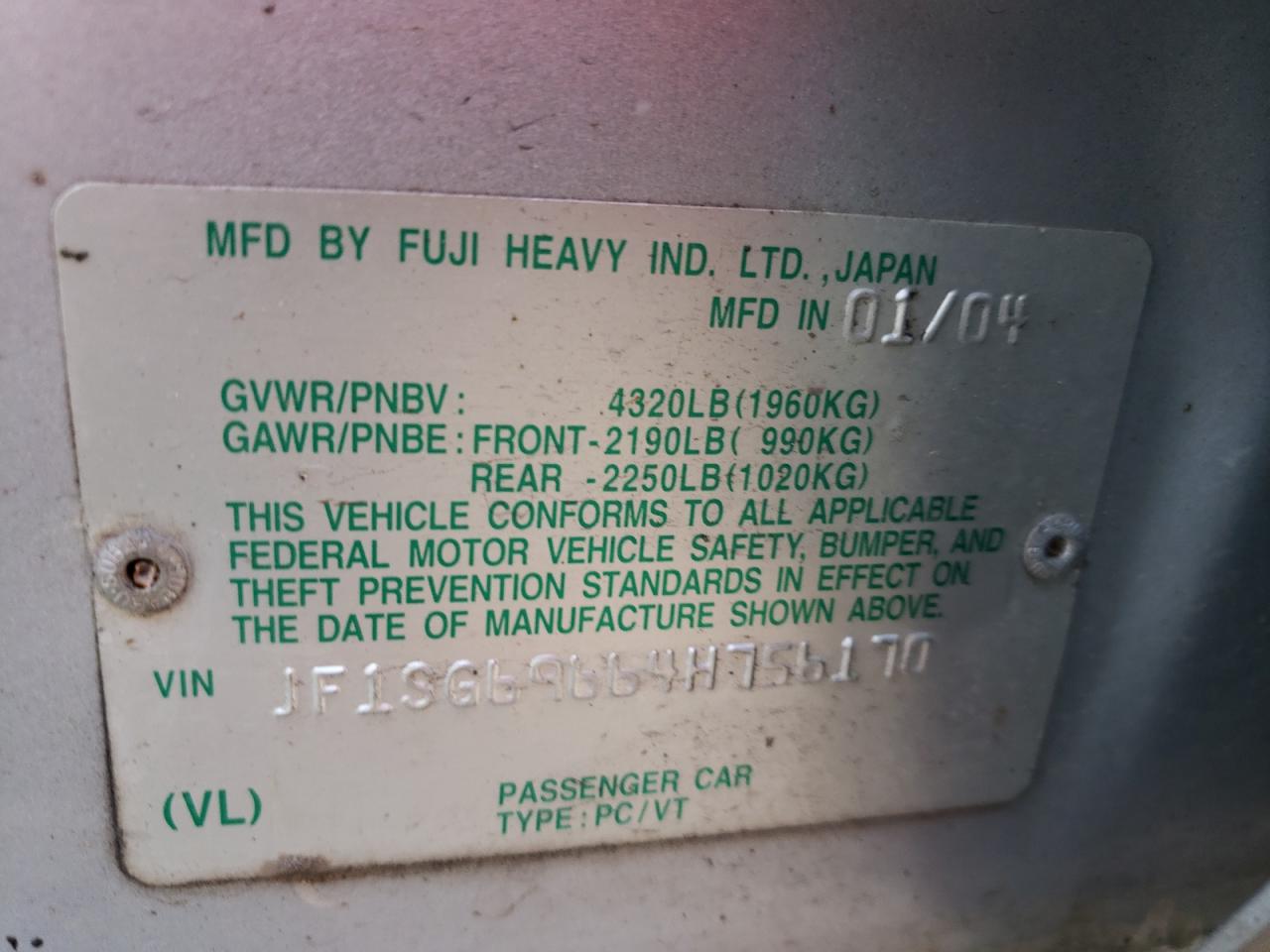 Photo 10 from auction – 2004 SUBARU FORESTER 2 with VIN JF1SG69664H756170
